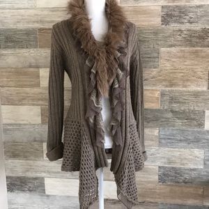 Faux Fur Cable Knit Cardigan With Lace Detail